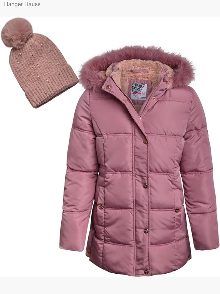 Girls Insulated Puffer Jacket With Fur Hood & Matching Hat